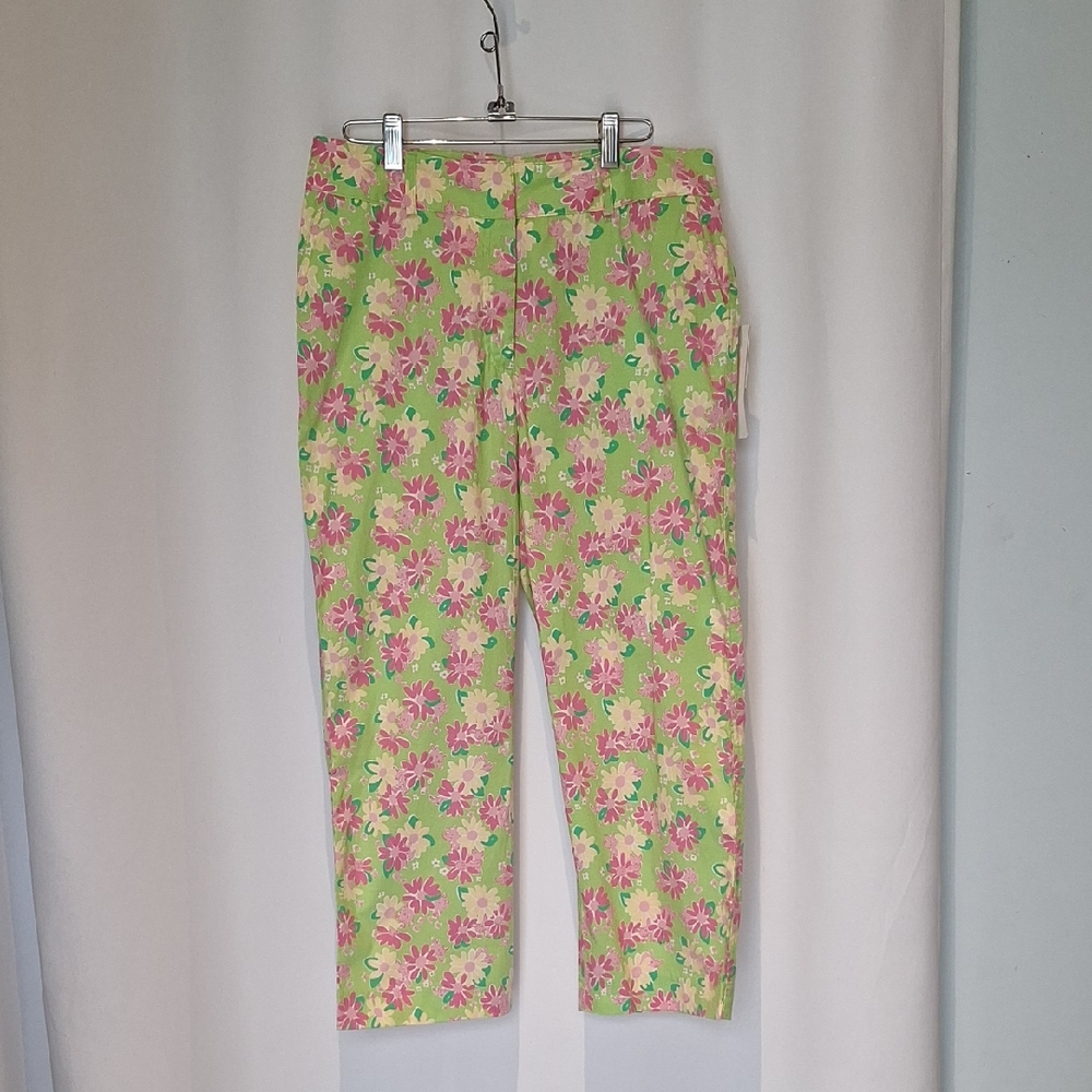 Lilly Pulitzer White Lable Liza Capri Pants Lime Floral Rhino Print Size 8